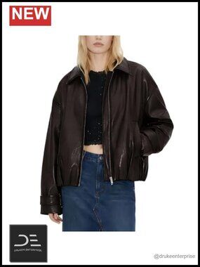 Oversized Faux Leather Bomber Jacket Women Zip-Up Aviator Flight Coat